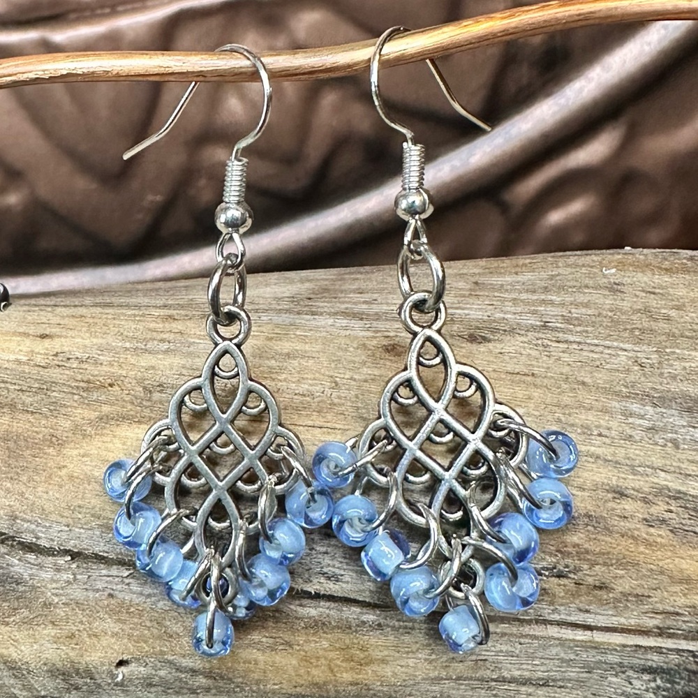 Vintage-Inspired Silver and Blue Chandelier Earrings - Handmade